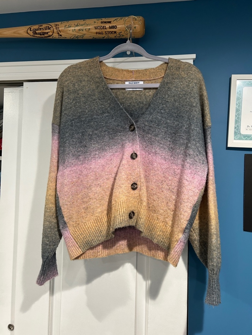 Old Navy Ombre V-Neck Button Cardigan - Gray Pink Gold